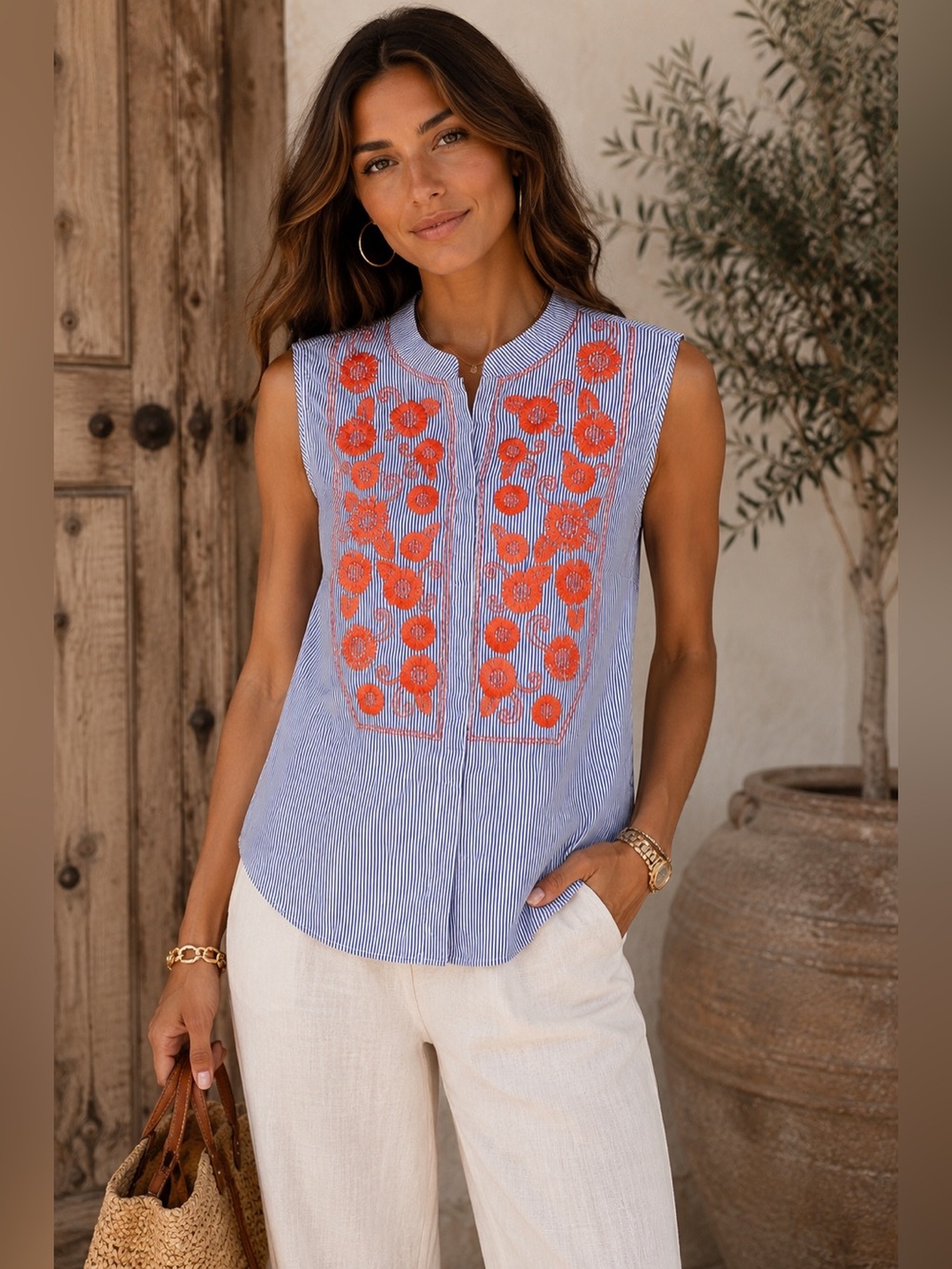 Brooks Brothers Embroidered Stripe Sleeveless Blouse Floral Blue White 6